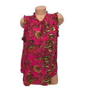 Rachel Roy Top Blouse Multicolor Floral Print Ruffle High Neck Sleeveless Office